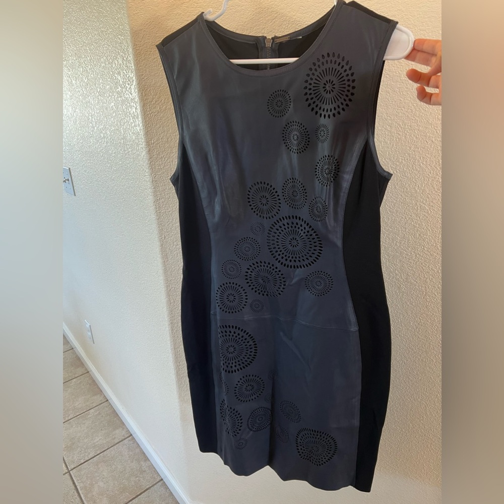 Elie Tahari Lamb Leather Navy Blue Mila Sheath Dress